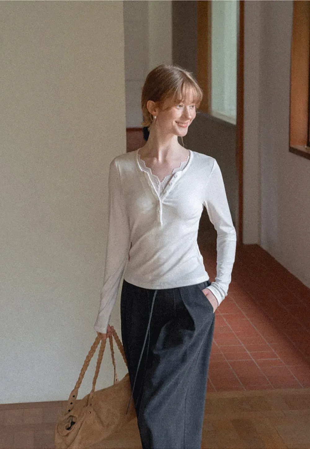 Lace Trim Henley Neck Long Sleeve T Shirt