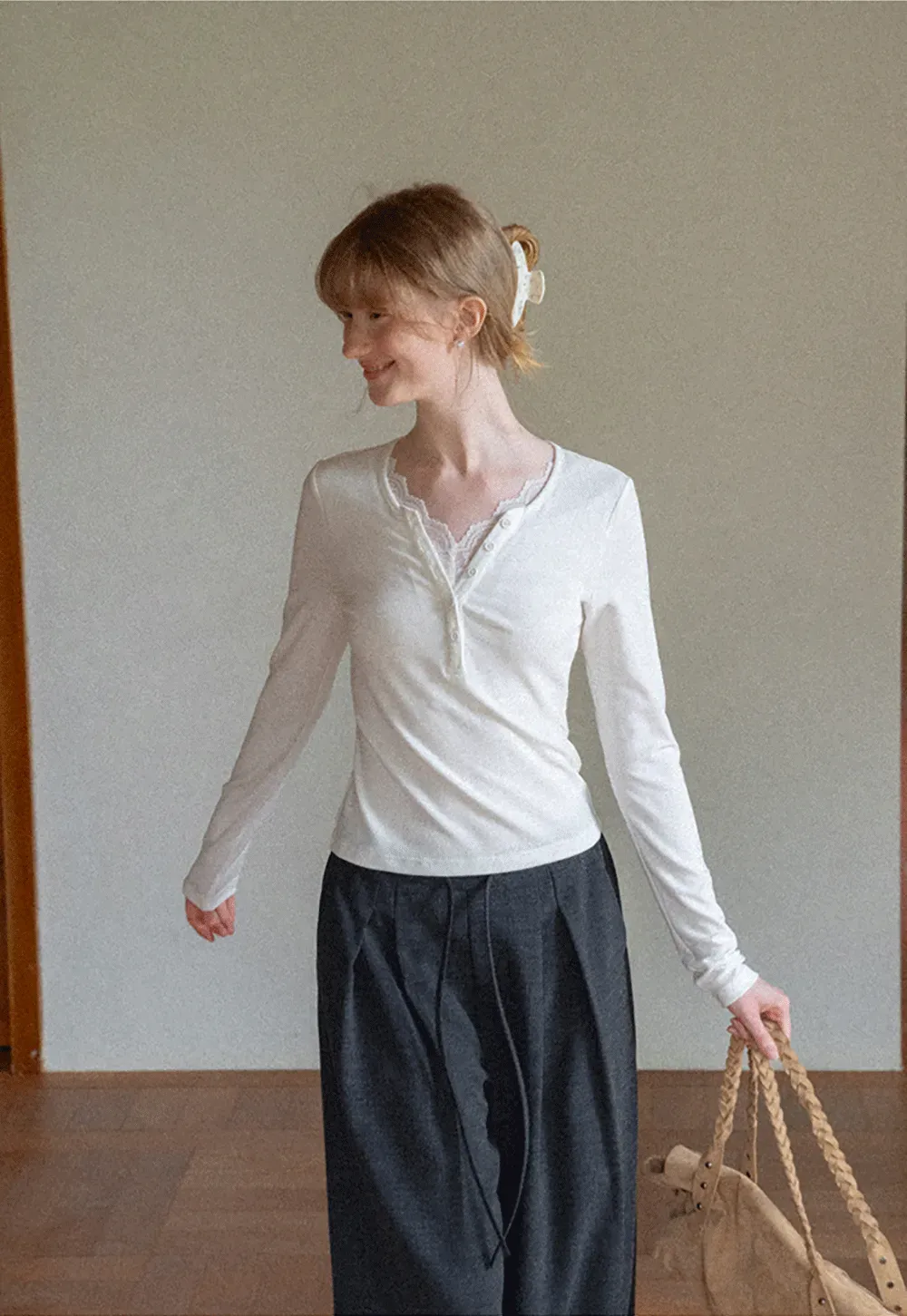 Lace Trim Henley Neck Long Sleeve T Shirt
