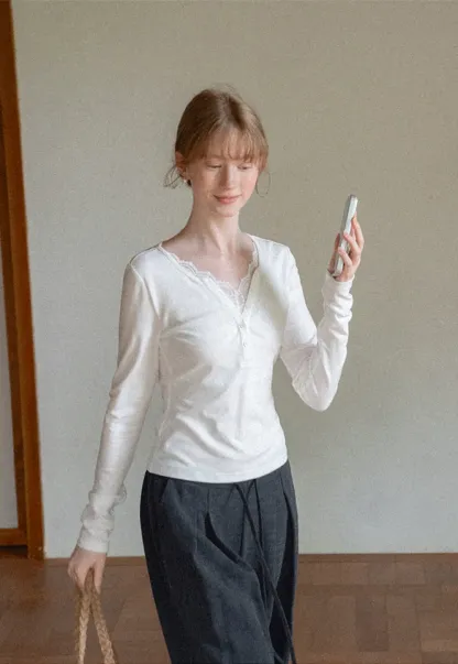 Lace Trim Henley Neck Long Sleeve T Shirt