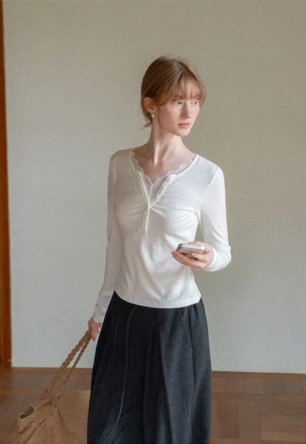 Lace Trim Henley Neck Long Sleeve T Shirt