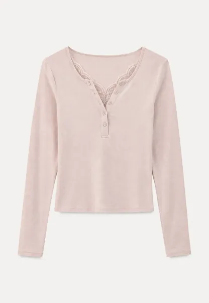 Lace Trim Henley Neck Long Sleeve T Shirt