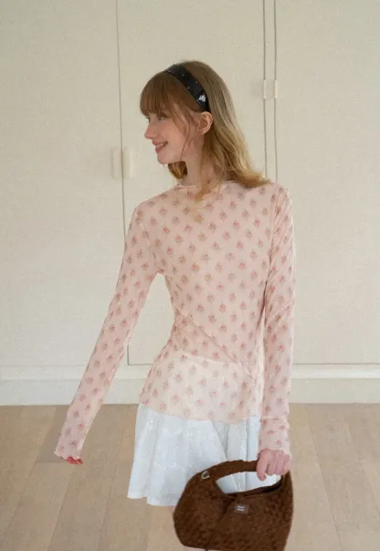Floral Print Sheer Long Sleeve Wrap Top