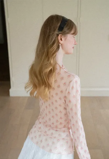 Floral Print Sheer Long Sleeve Wrap Top