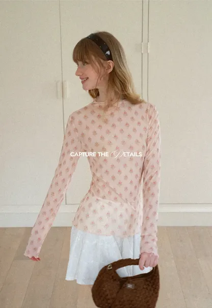 Floral Print Sheer Long Sleeve Wrap Top