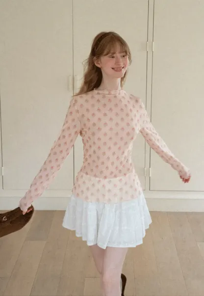 Floral Print Sheer Long Sleeve Wrap Top