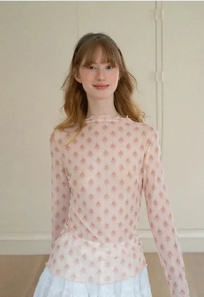 Floral Print Sheer Long Sleeve Wrap Top