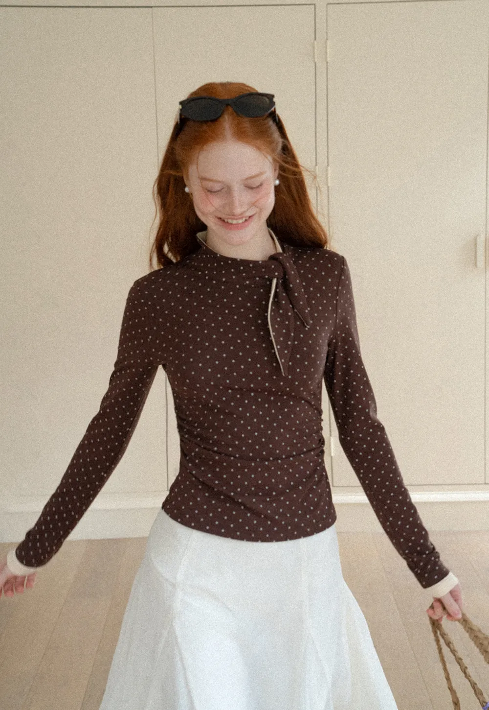 Polka Dot Long Sleeve Top with Tie Neck Detail