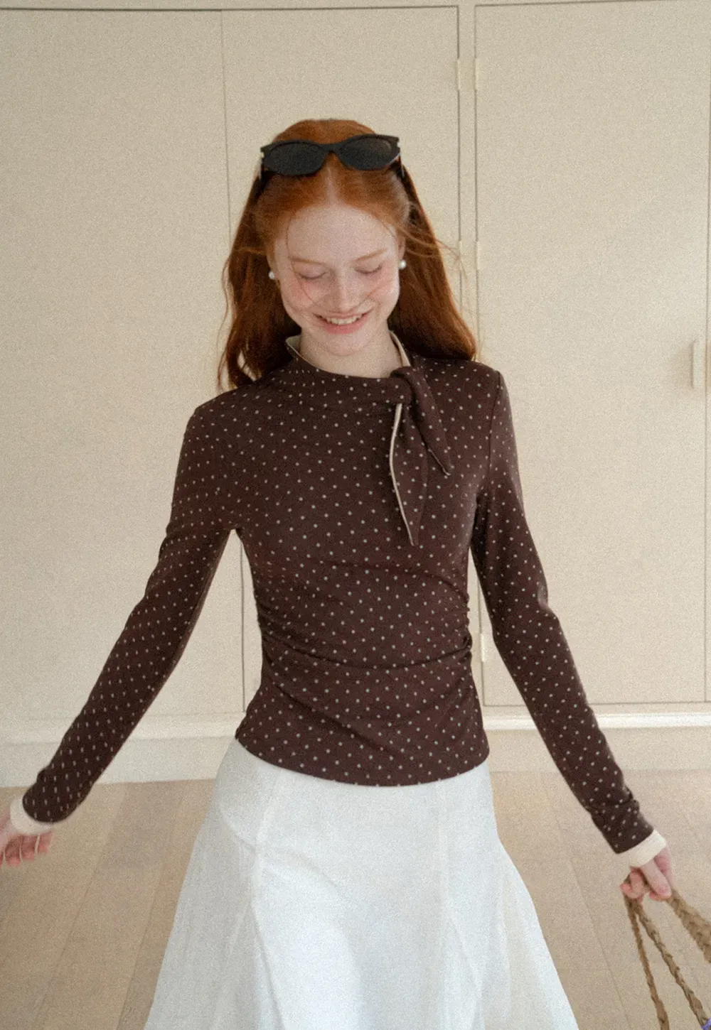 Polka Dot Long Sleeve Top with Tie Neck Detail
