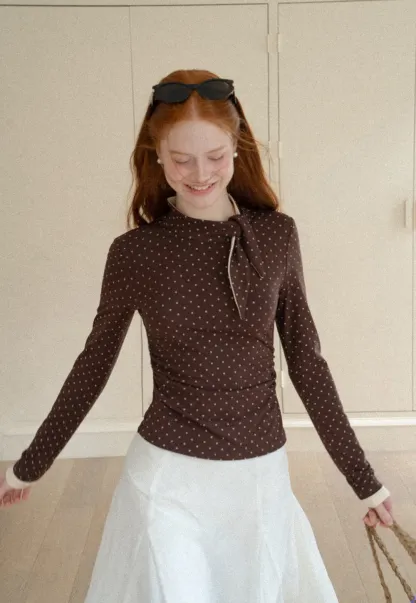 Polka Dot Long Sleeve Top with Tie Neck Detail