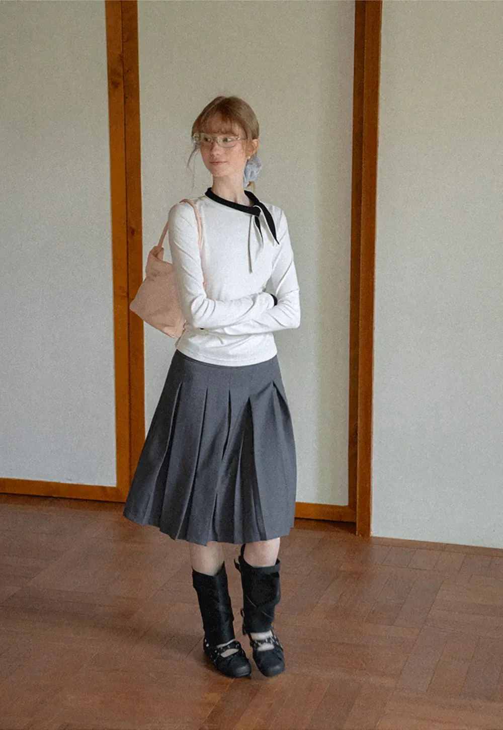 Polka Dot Long Sleeve Top with Tie Neck Detail