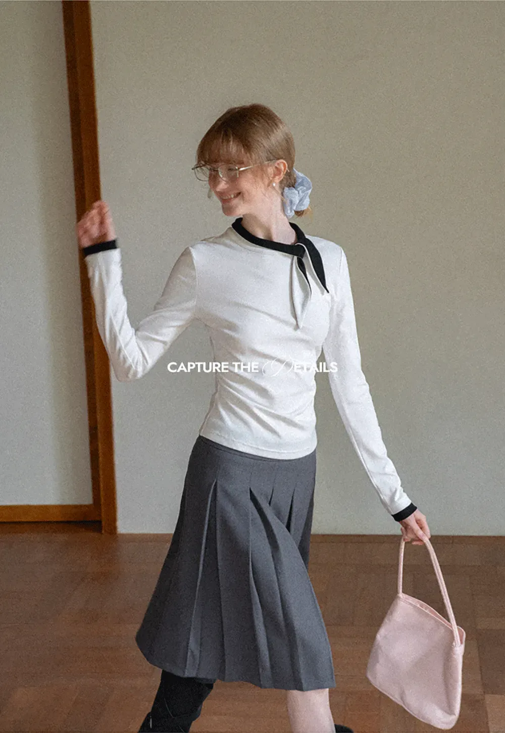 Polka Dot Long Sleeve Top with Tie Neck Detail