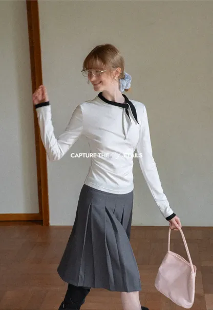 Polka Dot Long Sleeve Top with Tie Neck Detail