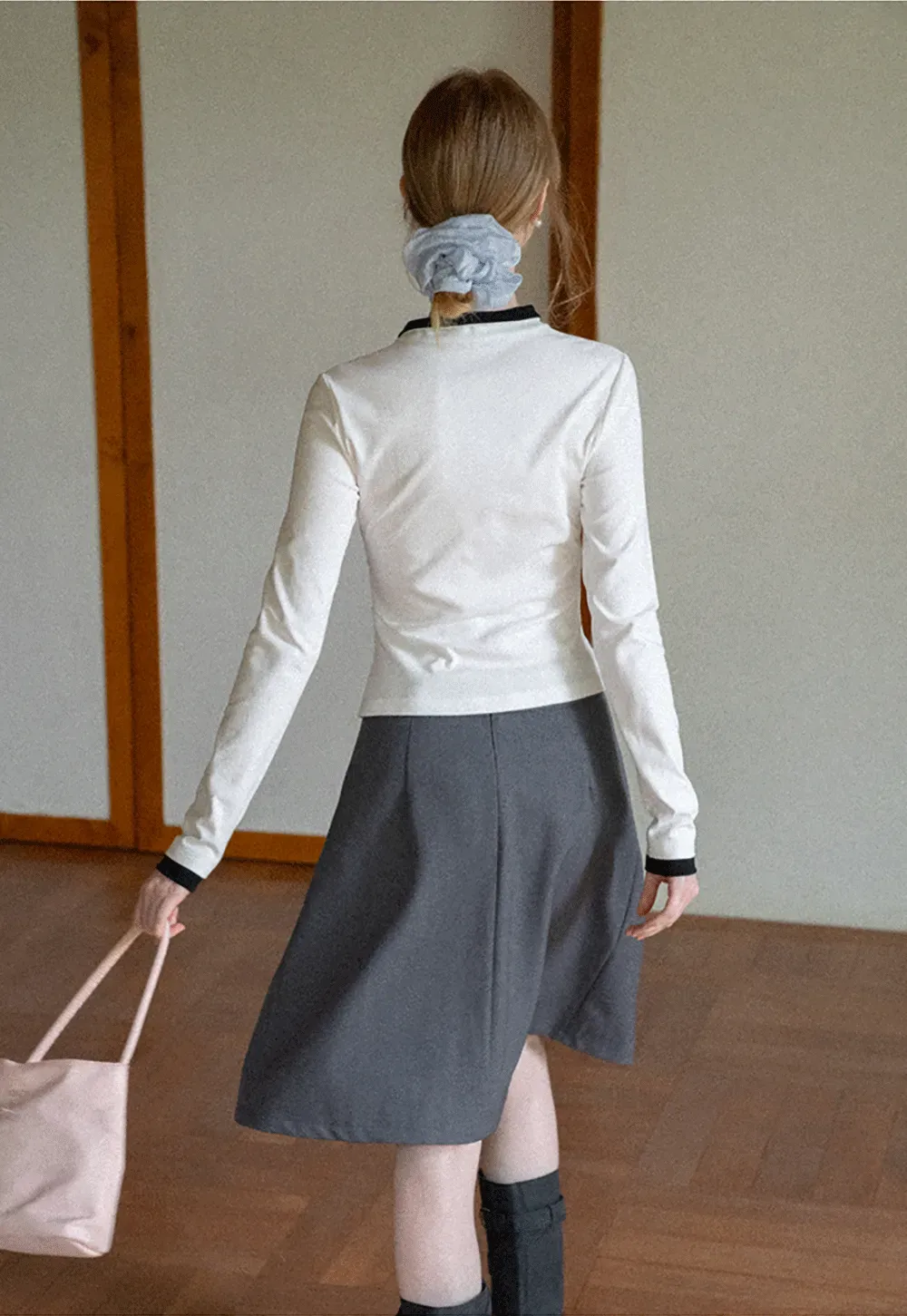 Polka Dot Long Sleeve Top with Tie Neck Detail