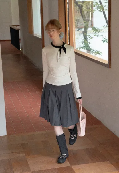 Polka Dot Long Sleeve Top with Tie Neck Detail