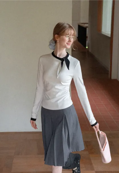 Polka Dot Long Sleeve Top with Tie Neck Detail