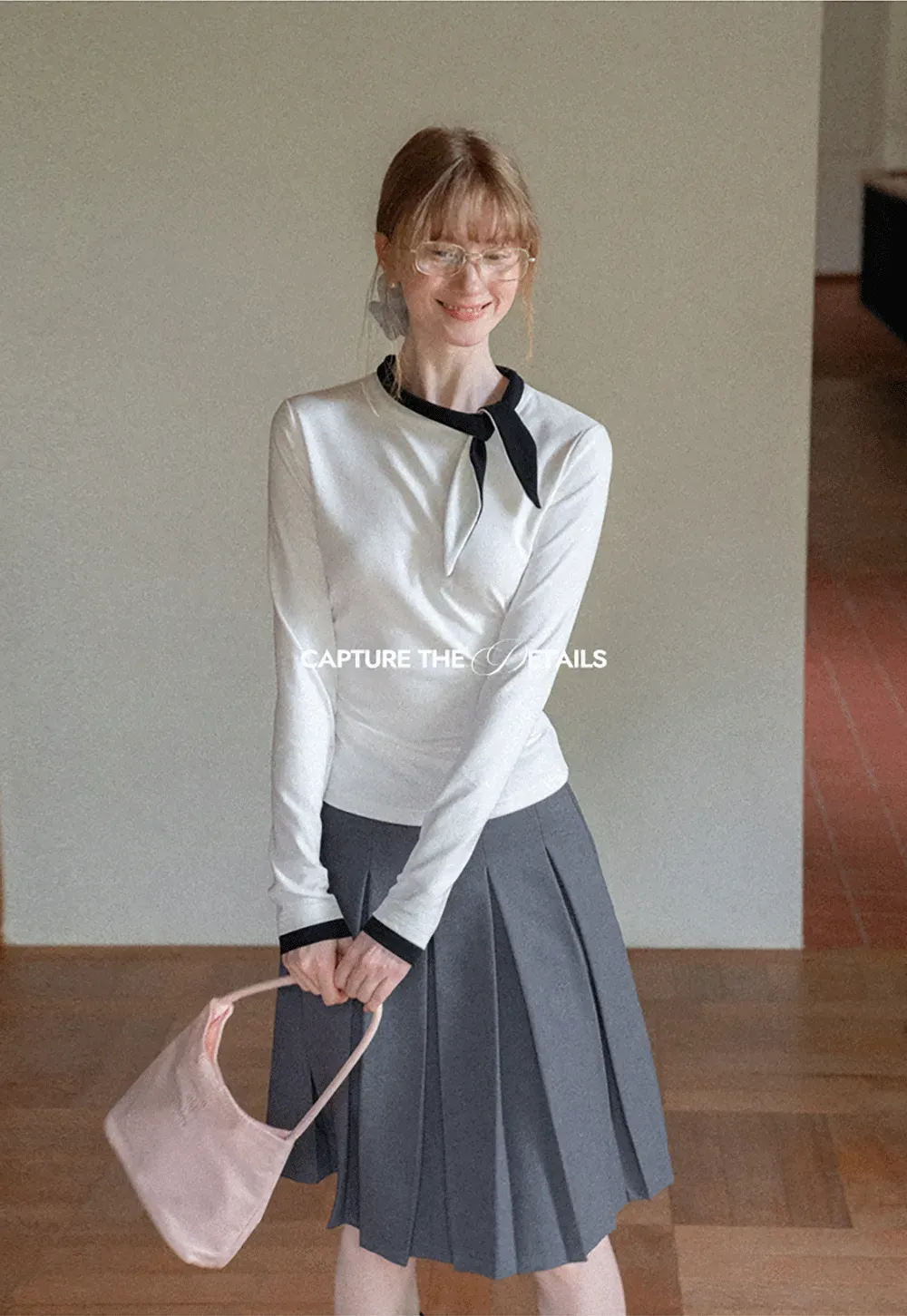 Polka Dot Long Sleeve Top with Tie Neck Detail