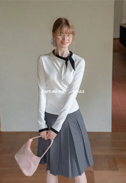 Polka Dot Long Sleeve Top with Tie Neck Detail