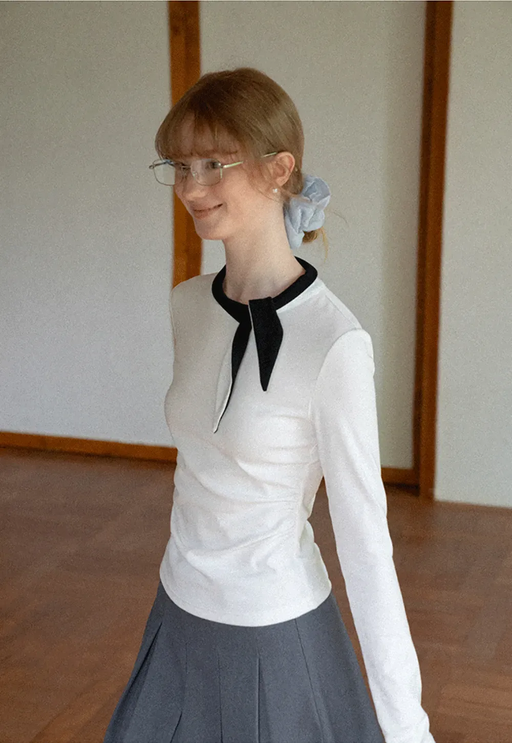 Polka Dot Long Sleeve Top with Tie Neck Detail