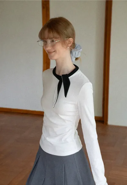 Polka Dot Long Sleeve Top with Tie Neck Detail