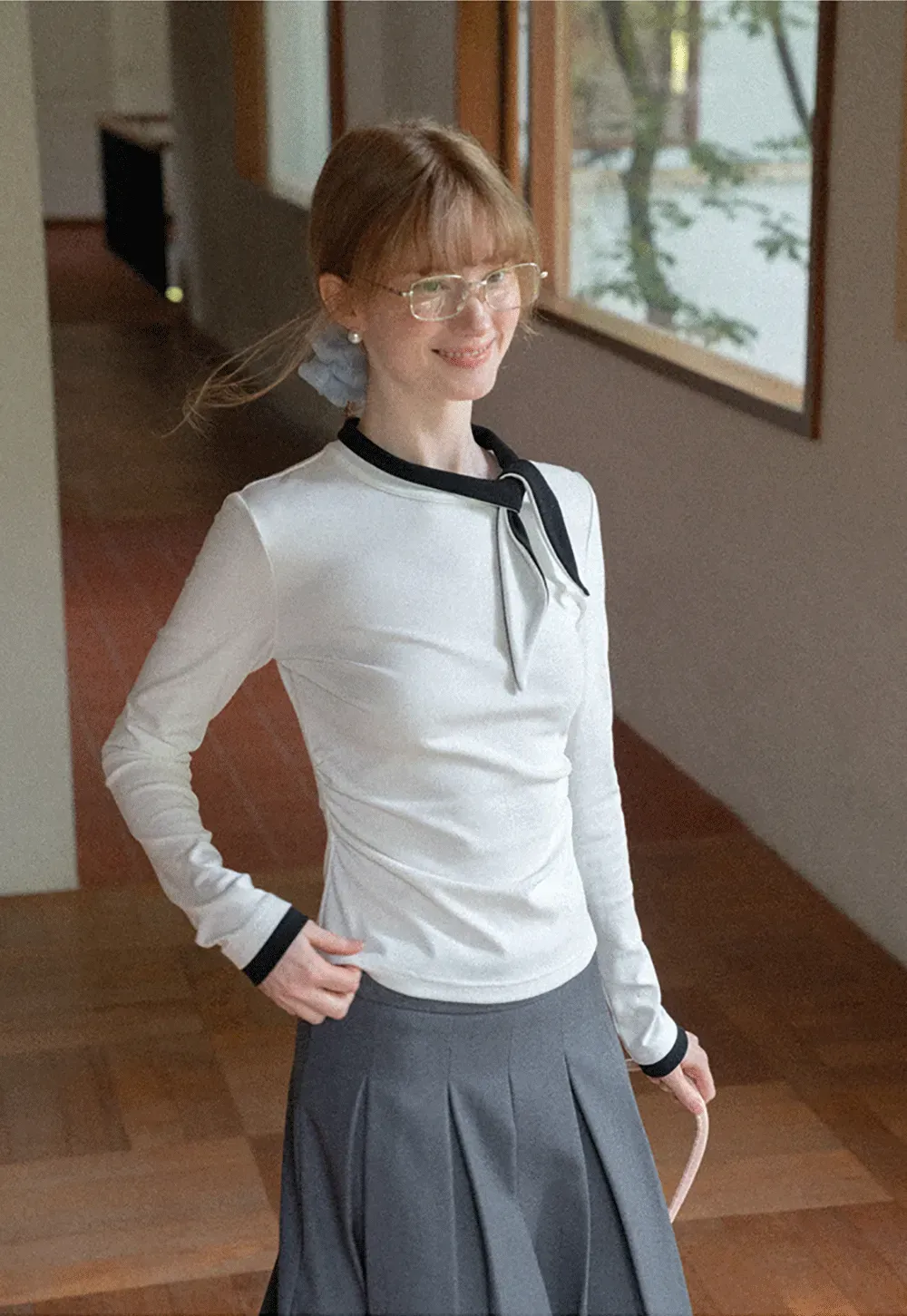 Polka Dot Long Sleeve Top with Tie Neck Detail