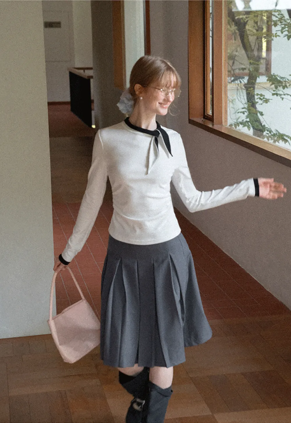 Polka Dot Long Sleeve Top with Tie Neck Detail
