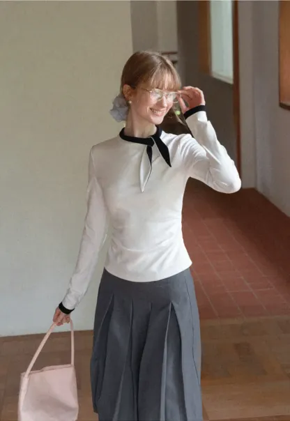 Polka Dot Long Sleeve Top with Tie Neck Detail