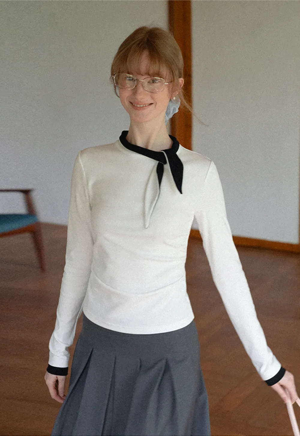 Polka Dot Long Sleeve Top with Tie Neck Detail