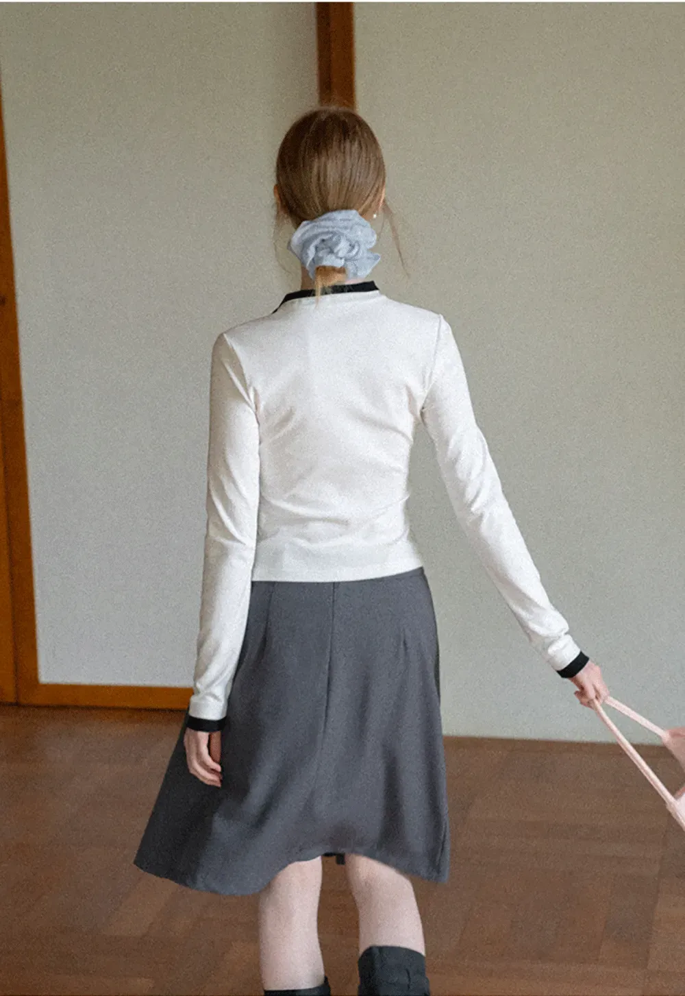 Polka Dot Long Sleeve Top with Tie Neck Detail