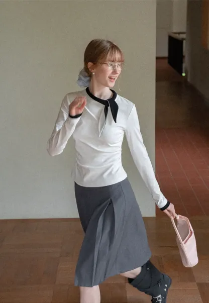 Polka Dot Long Sleeve Top with Tie Neck Detail