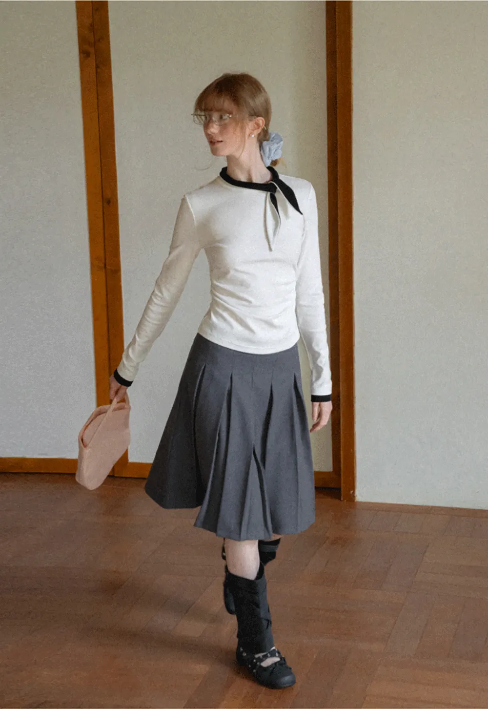 Polka Dot Long Sleeve Top with Tie Neck Detail