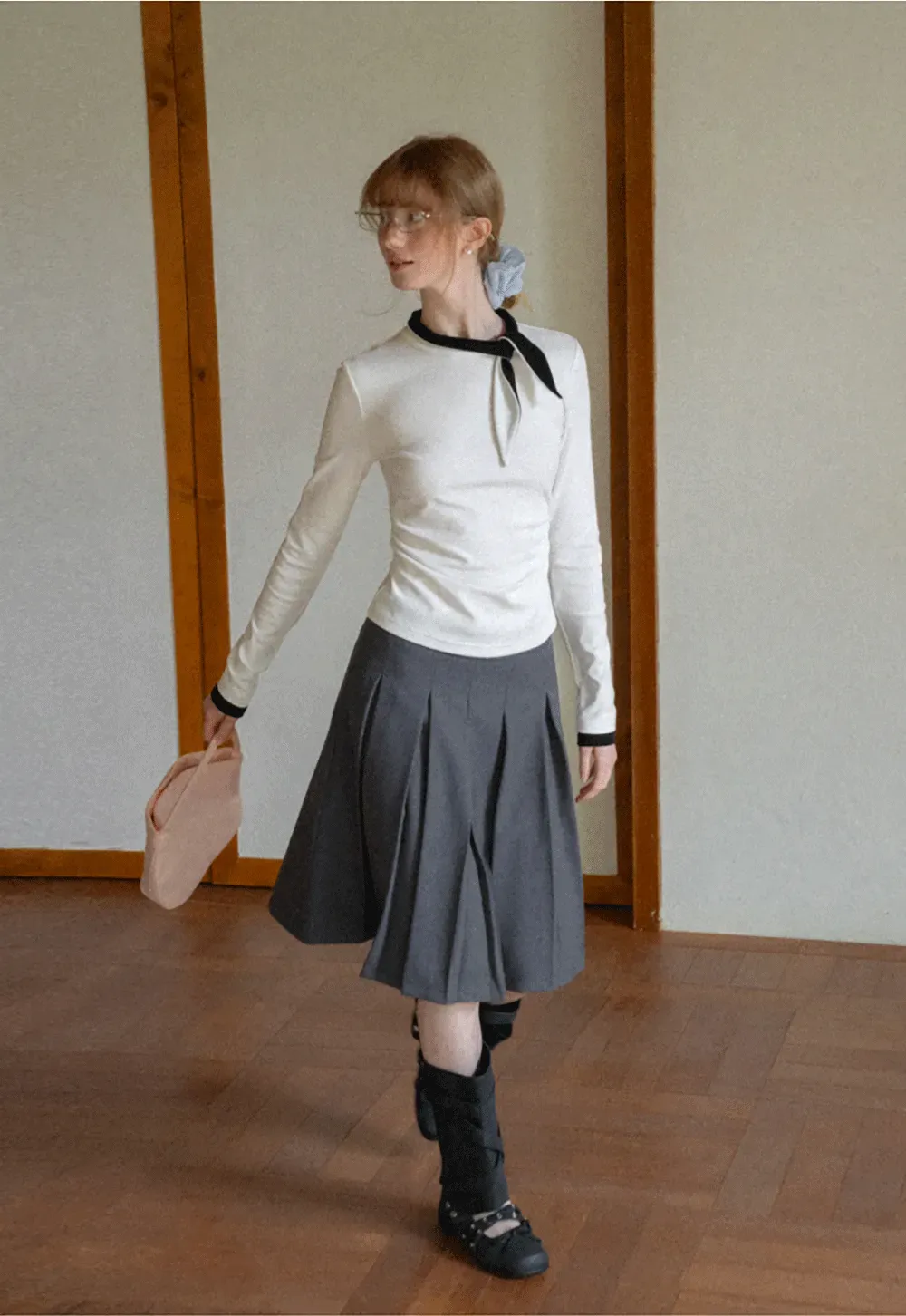 Polka Dot Long Sleeve Top with Tie Neck Detail