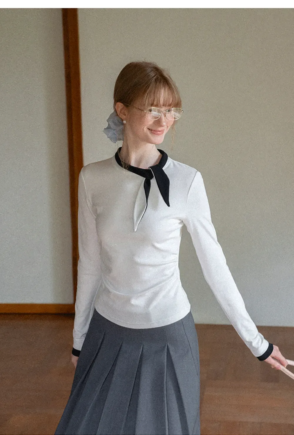 Polka Dot Long Sleeve Top with Tie Neck Detail