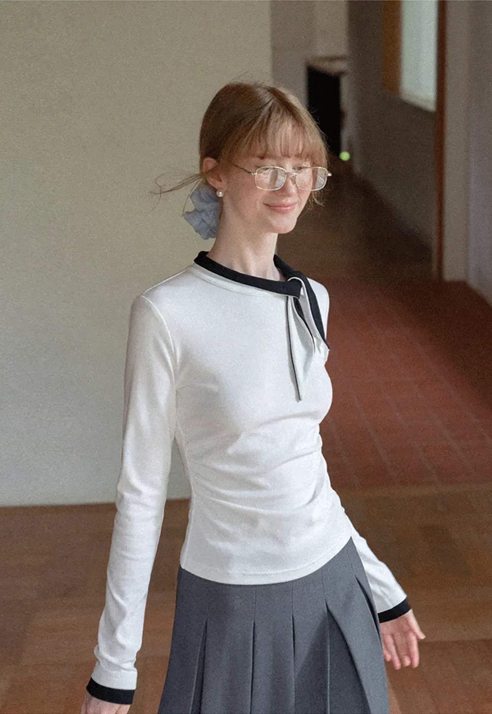 Polka Dot Long Sleeve Top with Tie Neck Detail