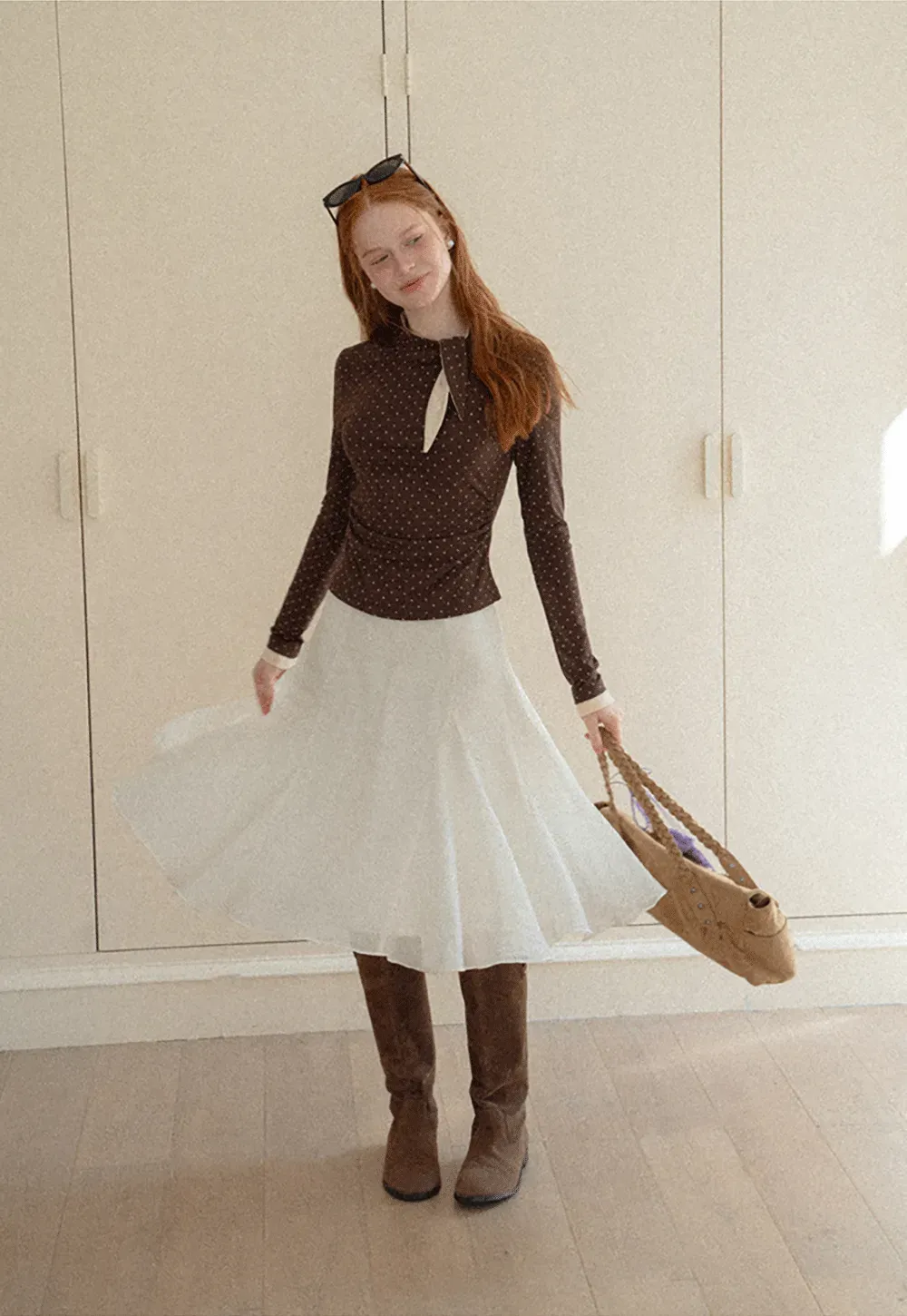 Polka Dot Long Sleeve Top with Tie Neck Detail