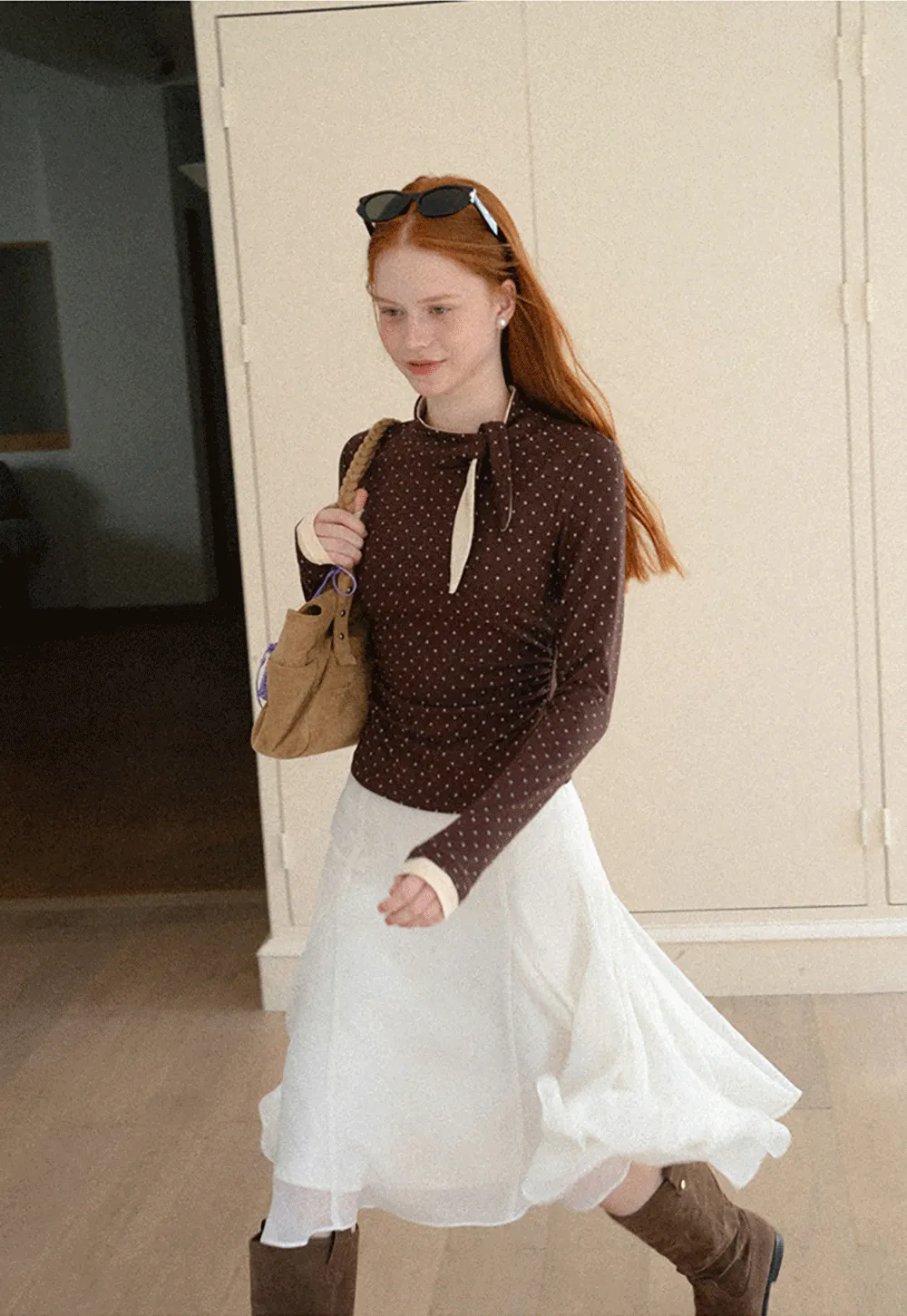 Polka Dot Long Sleeve Top with Tie Neck Detail