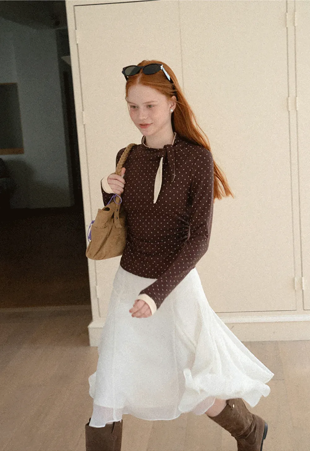 Polka Dot Long Sleeve Top with Tie Neck Detail