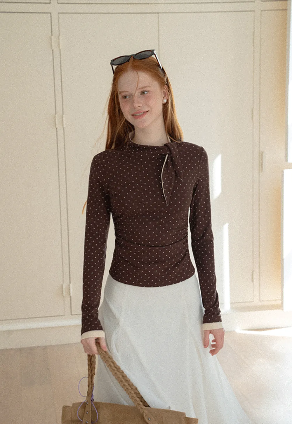 Polka Dot Long Sleeve Top with Tie Neck Detail