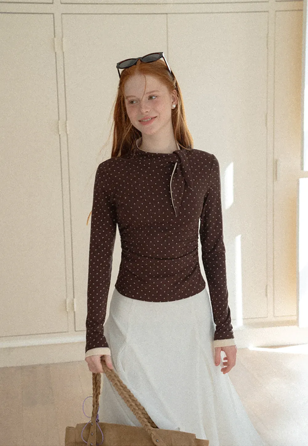 Polka Dot Long Sleeve Top with Tie Neck Detail