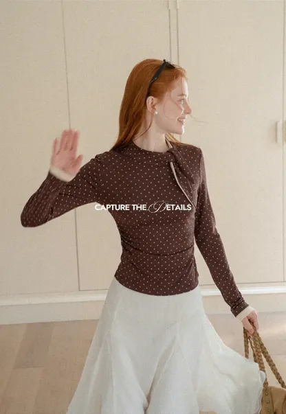 Polka Dot Long Sleeve Top with Tie Neck Detail