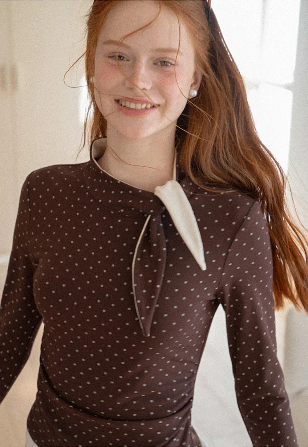 Polka Dot Long Sleeve Top with Tie Neck Detail
