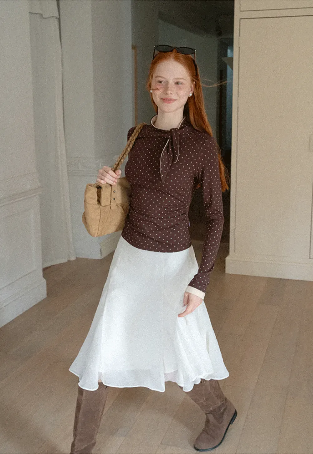 Polka Dot Long Sleeve Top with Tie Neck Detail