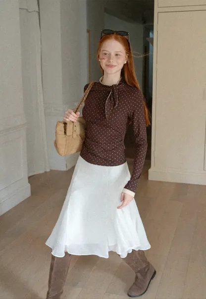 Polka Dot Long Sleeve Top with Tie Neck Detail