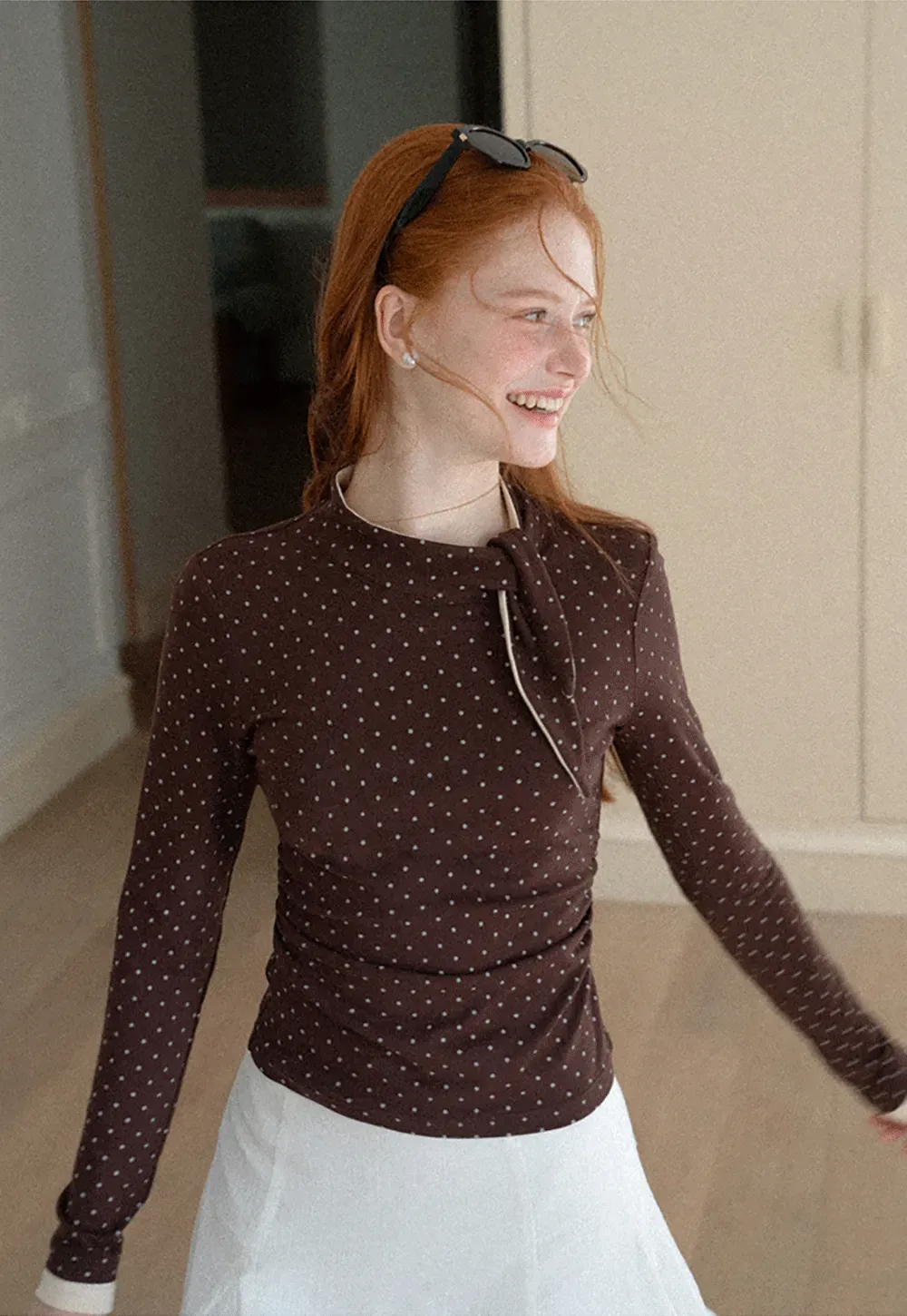 Polka Dot Long Sleeve Top with Tie Neck Detail