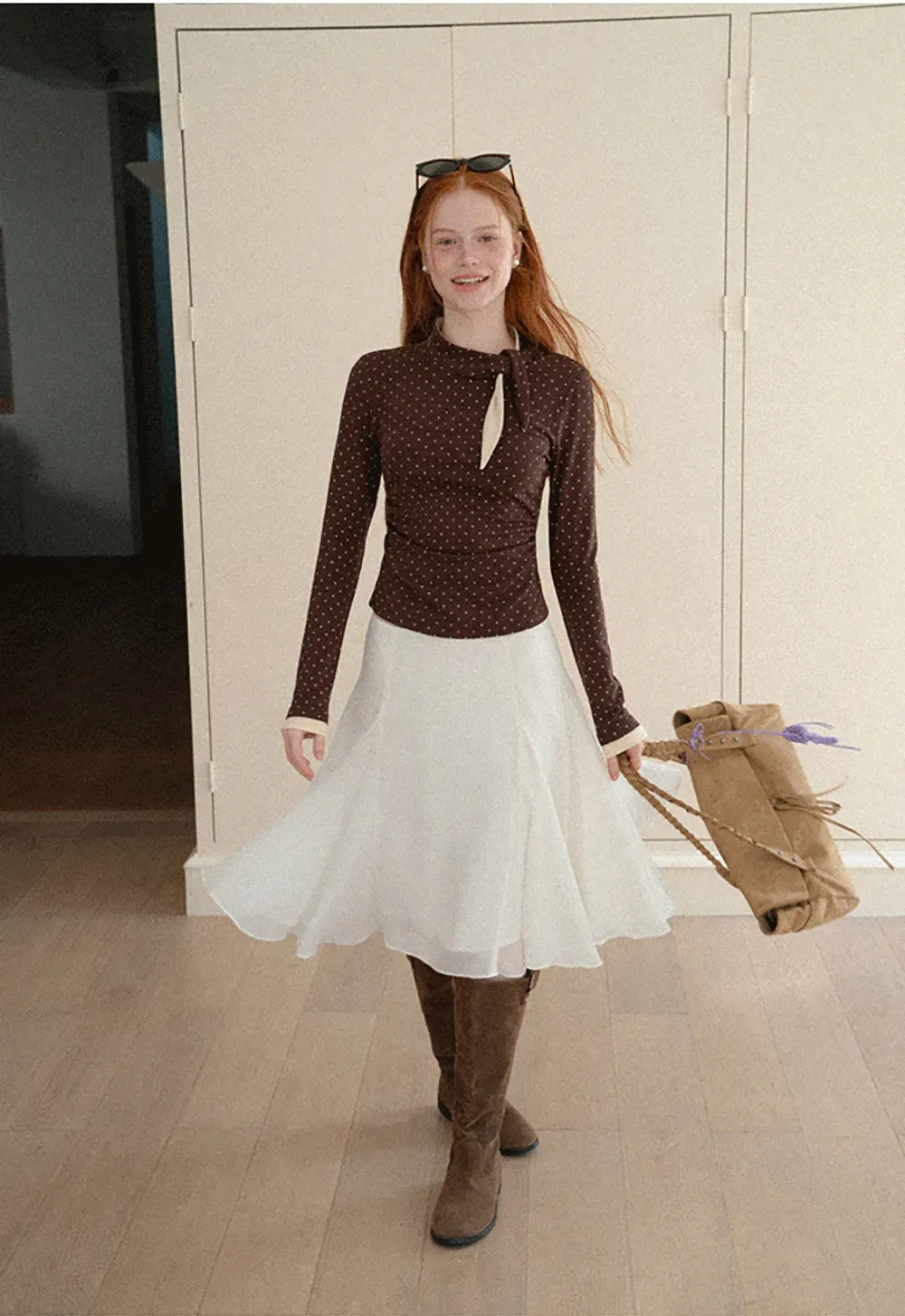 Polka Dot Long Sleeve Top with Tie Neck Detail