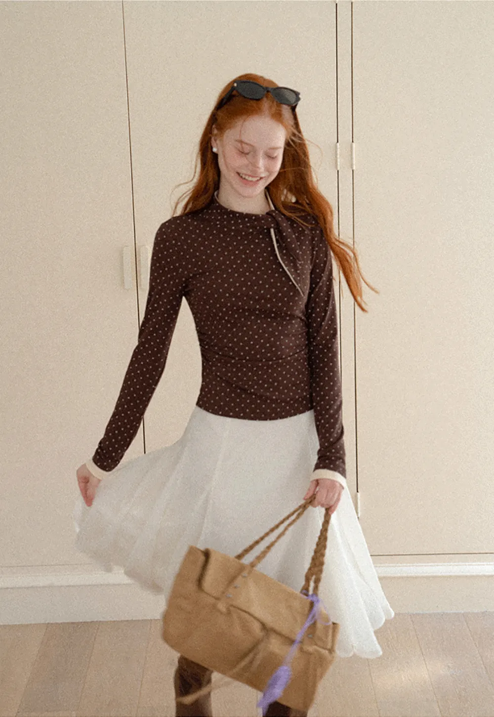 Polka Dot Long Sleeve Top with Tie Neck Detail