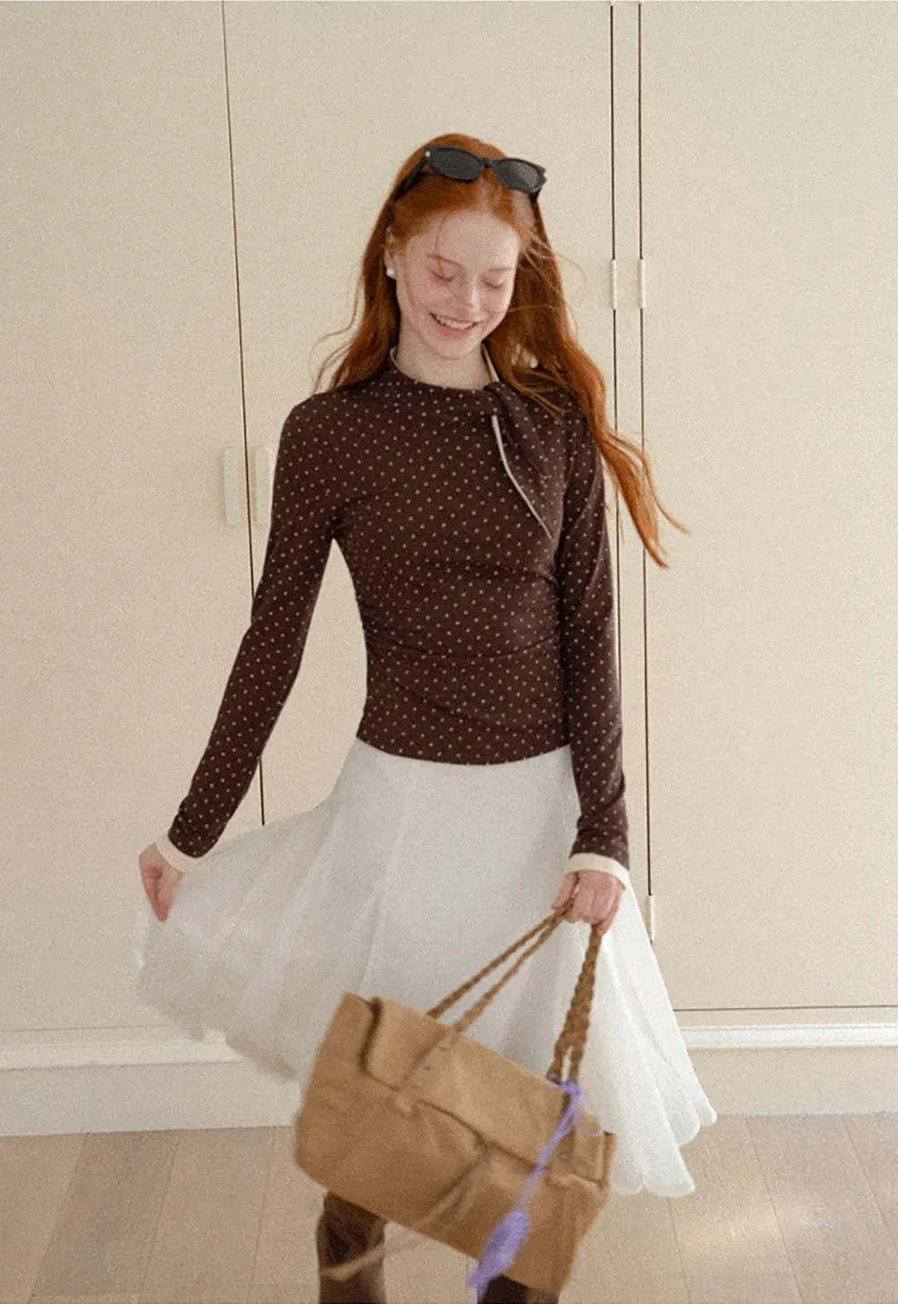 Polka Dot Long Sleeve Top with Tie Neck Detail