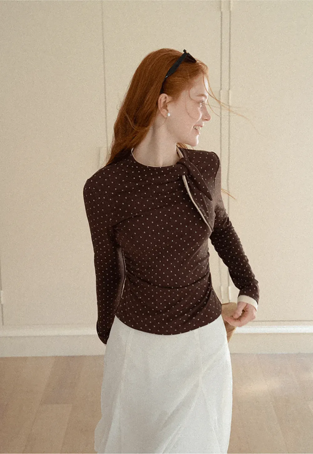 Polka Dot Long Sleeve Top with Tie Neck Detail