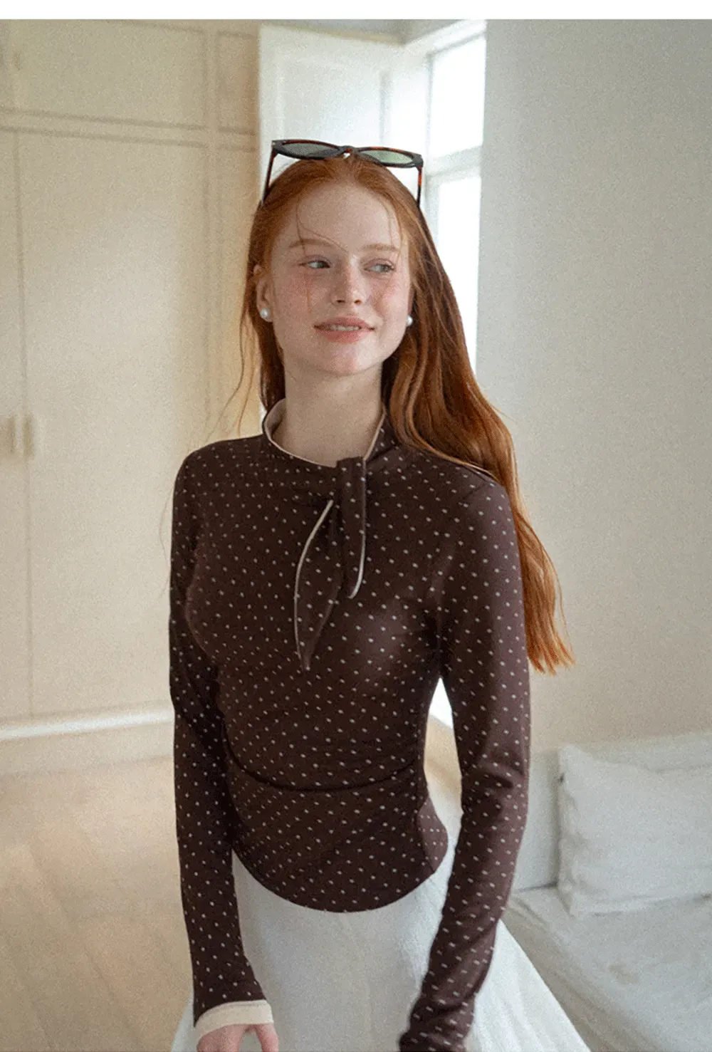Polka Dot Long Sleeve Top with Tie Neck Detail