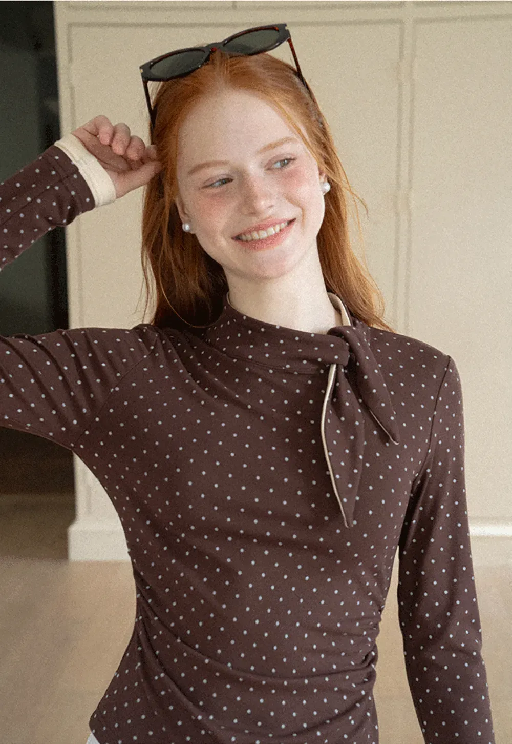 Polka Dot Long Sleeve Top with Tie Neck Detail