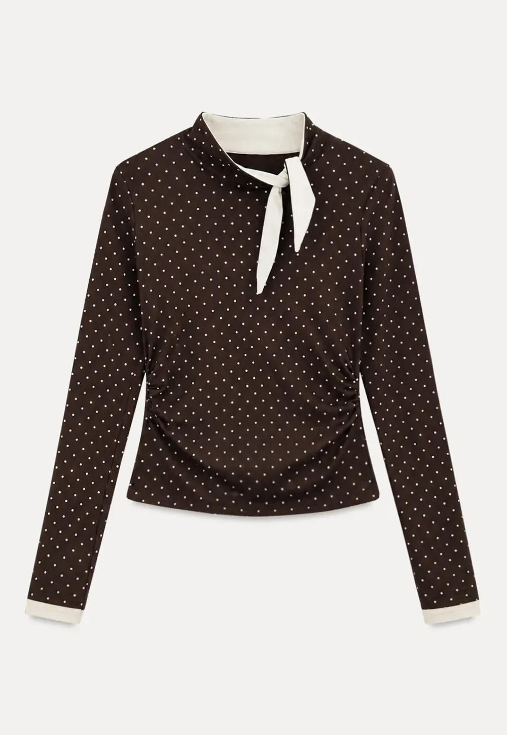Polka Dot Long Sleeve Top with Tie Neck Detail